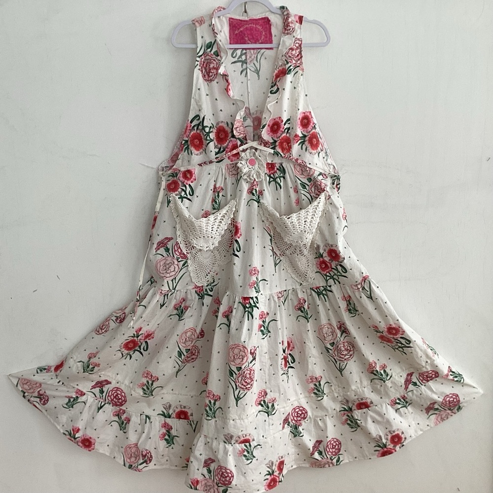 Upcycle Annie Pinafore Apron upcycled bed skirt and doily dress.